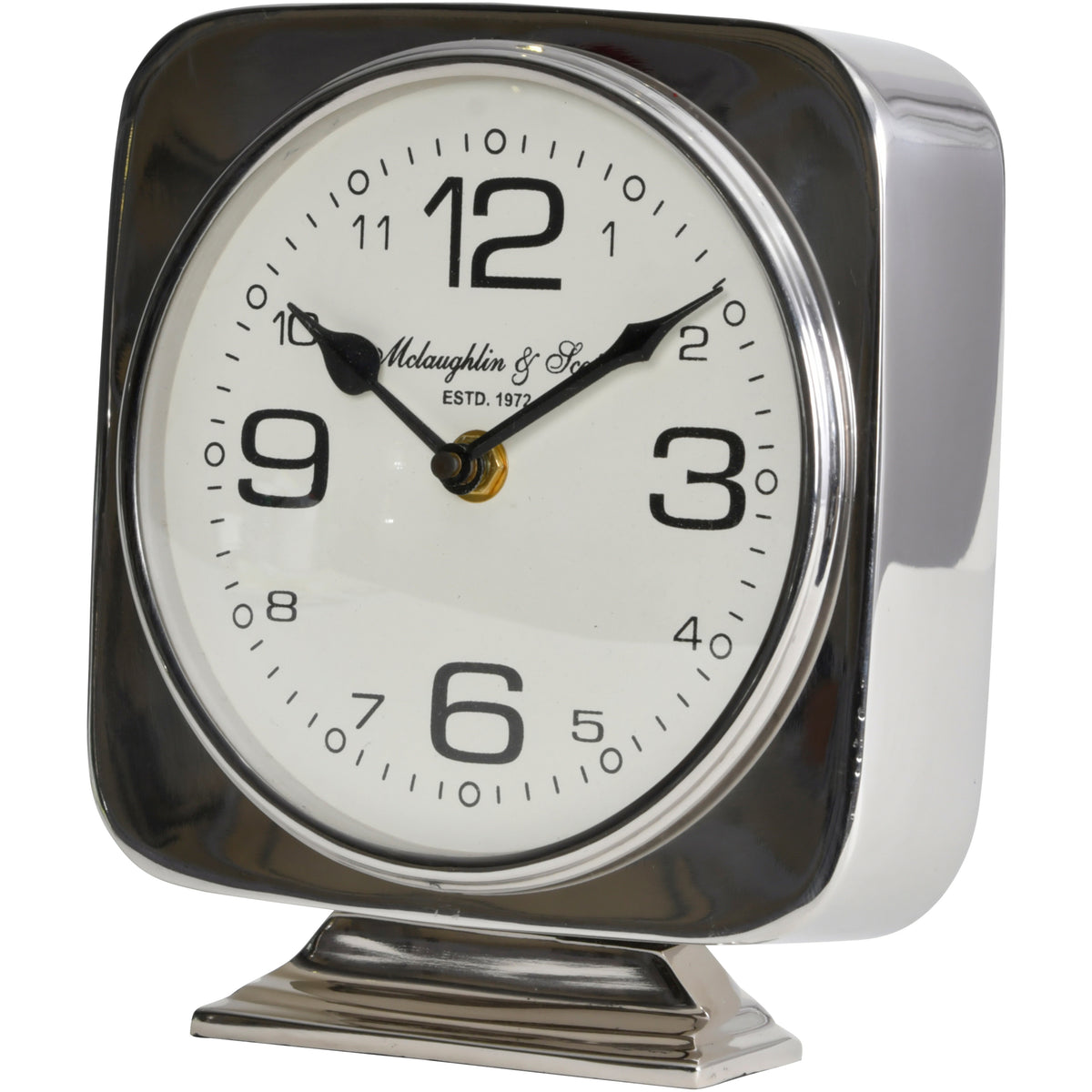 Angled front view of a silver square mantel clock with a pale round dial, black numerals and a stepped pedestal base.
