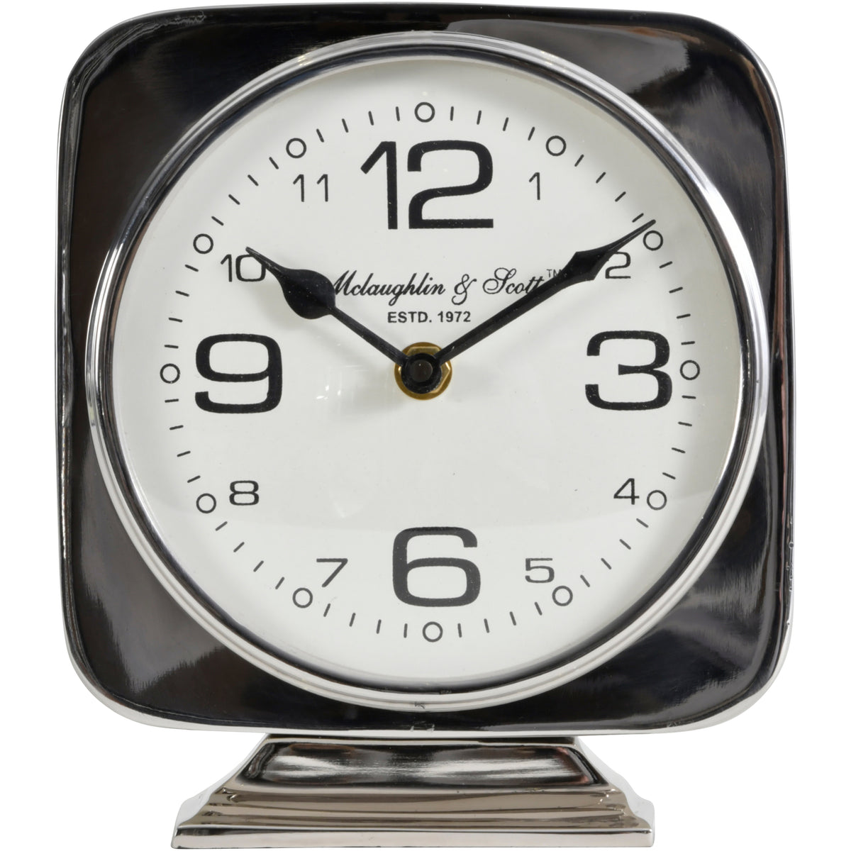 Straight-on front view of the square silver clock, showing shaped black hands and enlarged numerals at twelve, three, six and nine.
