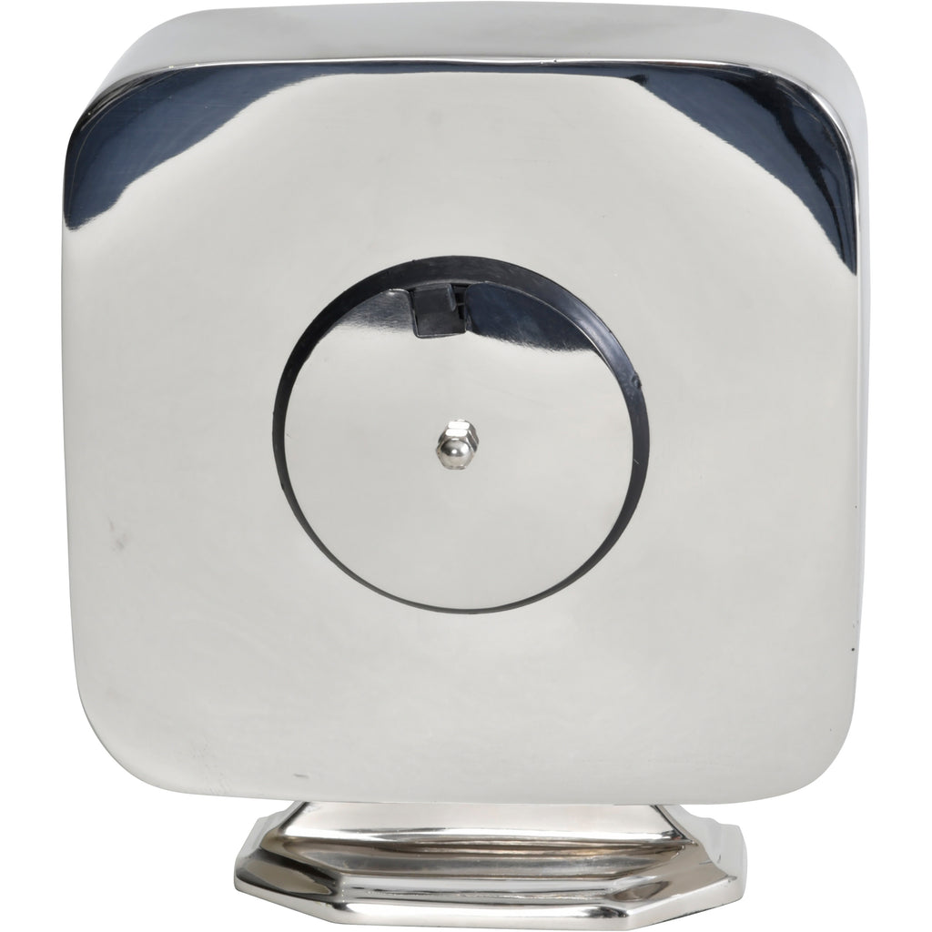 Rear view of the reflective silver clock case with a circular back panel and stepped pedestal base.