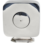 Rear view of the reflective silver clock case with a circular back panel and stepped pedestal base.