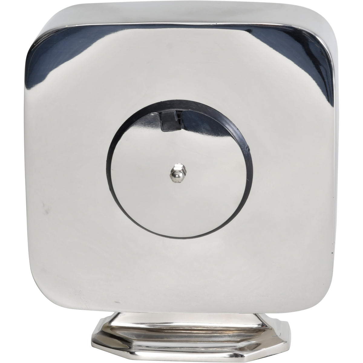 Rear view of the reflective silver clock case with a circular back panel and stepped pedestal base.