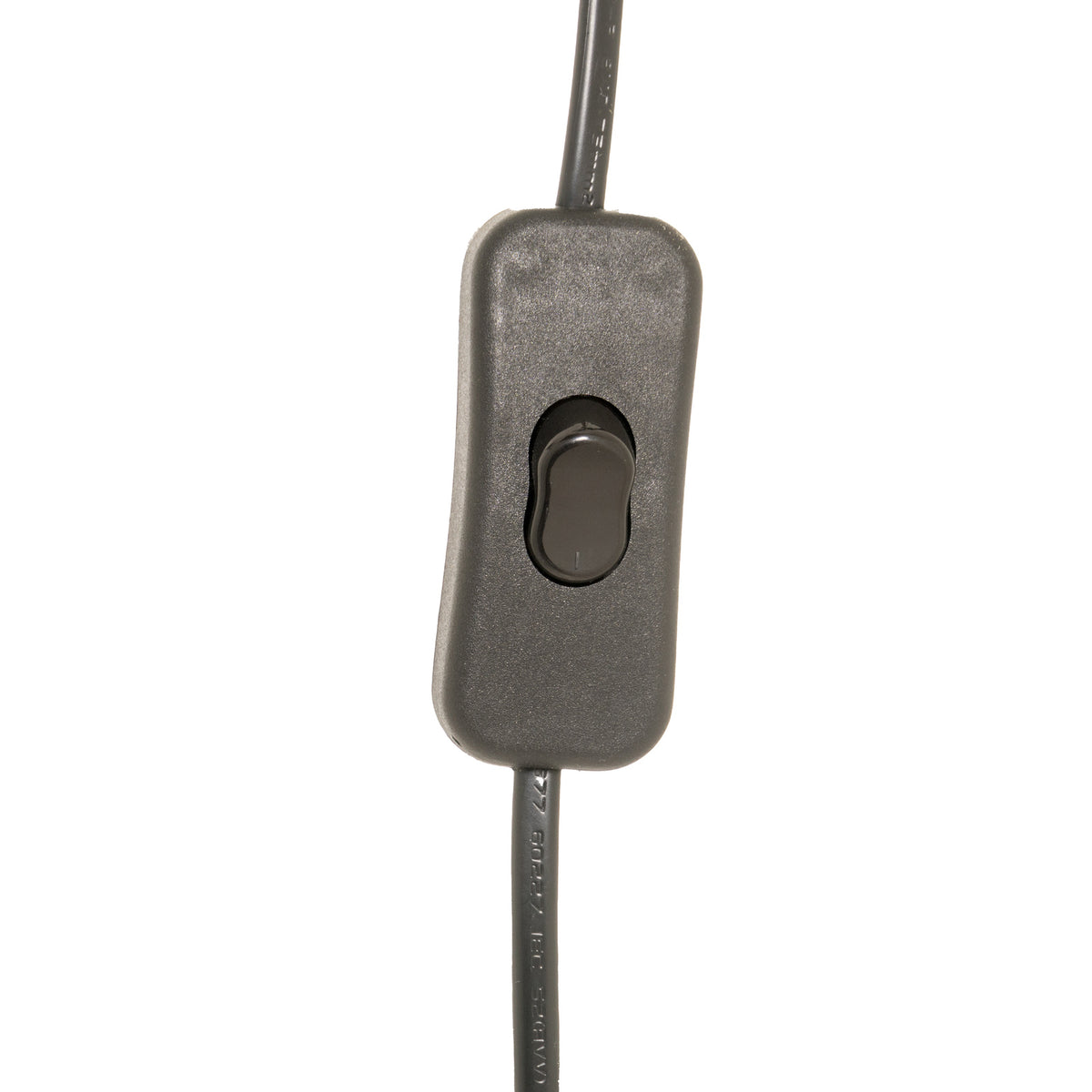 Black inline rocker switch on the lamp's black electrical cord, shown close up against white.