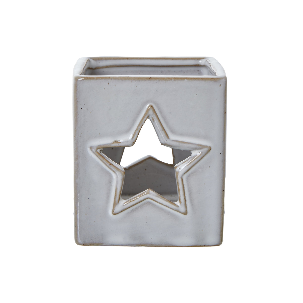 Front view of the off-white square candle holder with a tan-edged star opening and fine speckles.