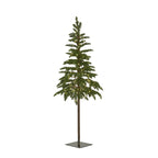 Artificial woodland Christmas tree shown with warm lights among its green branches above an exposed trunk and square dark base.