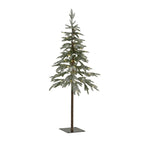 Snow-dusted artificial Christmas tree shown with small yellow-toned lights glowing among the green branches, above a brown trunk and dark square base.