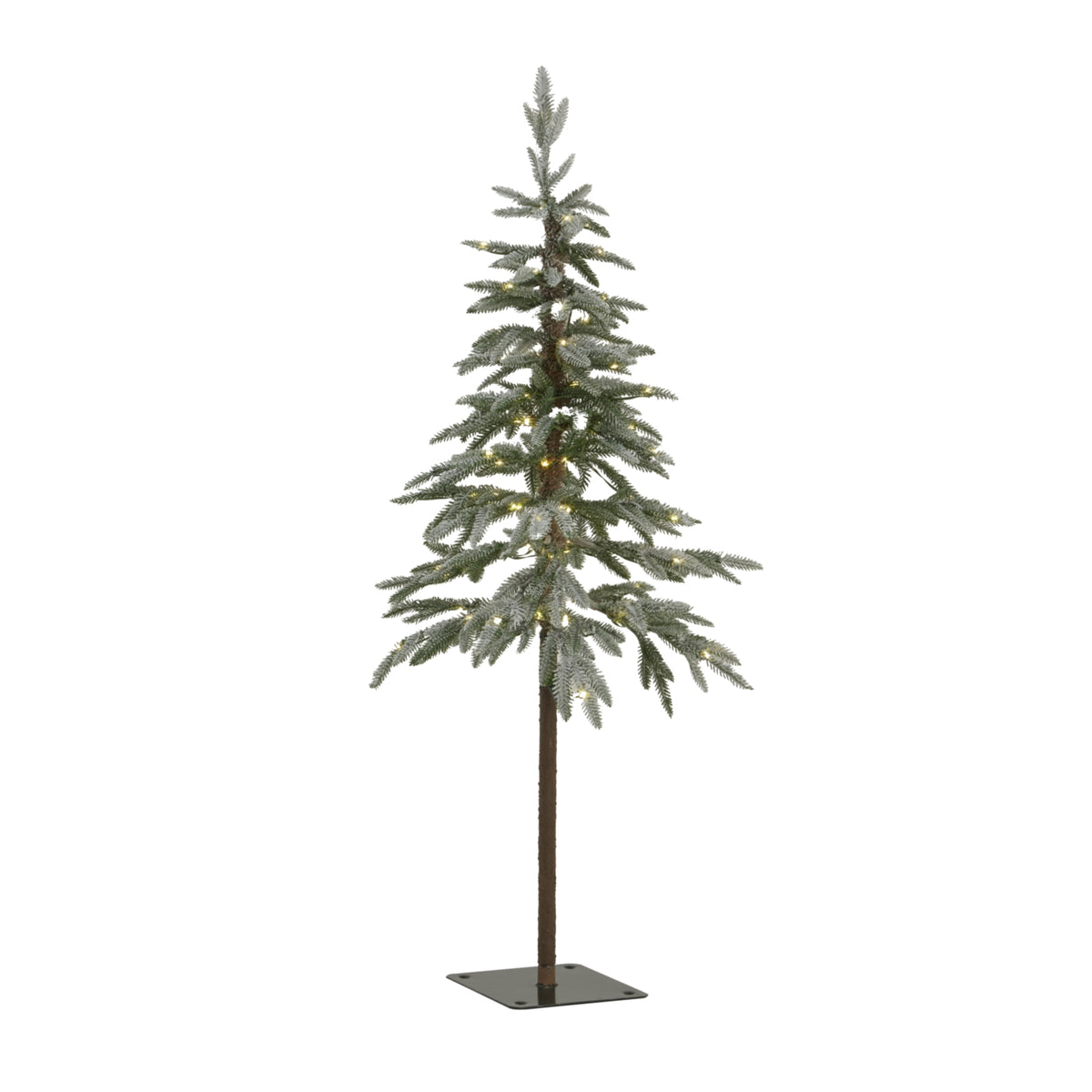 Snow-dusted artificial Christmas tree shown with small yellow-toned lights glowing among the green branches, above a brown trunk and dark square base.