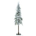 Snow-dusted artificial Christmas tree with no lights visibly glowing, a long brown trunk and a dark square base with a cable trailing to the right.