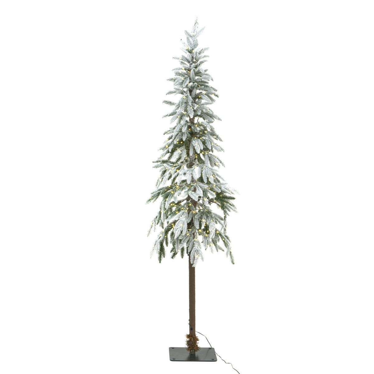 Full view of the snow-dusted green Christmas tree with small yellow lights glowing among its branches, above an exposed brown trunk and dark square base.