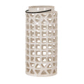 Cream cylindrical lantern on a white background, with rows of square openings, triangular bands at the top and base, and a dark handle across the raised neck.