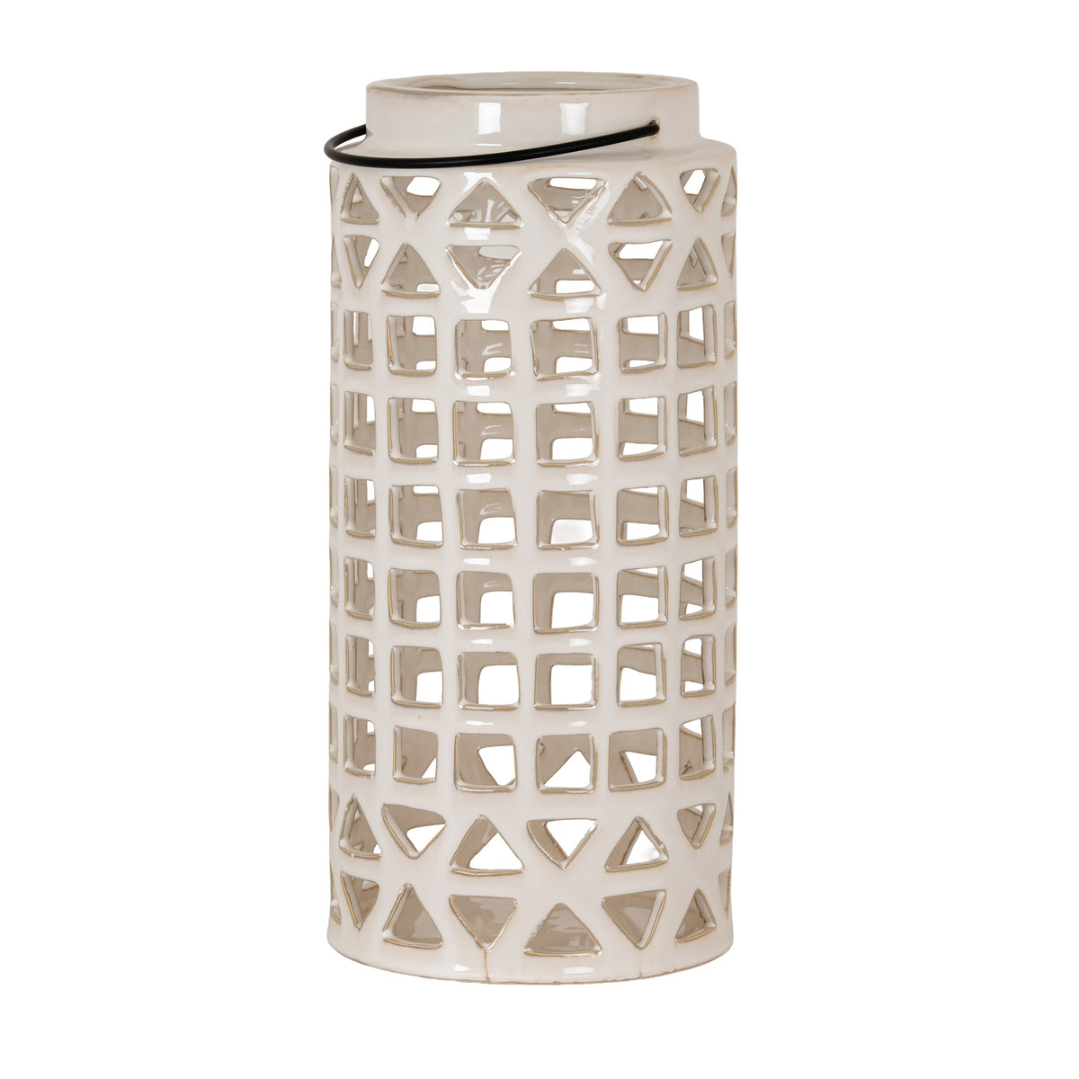 Cream cylindrical lantern on a white background, with rows of square openings, triangular bands at the top and base, and a dark handle across the raised neck.