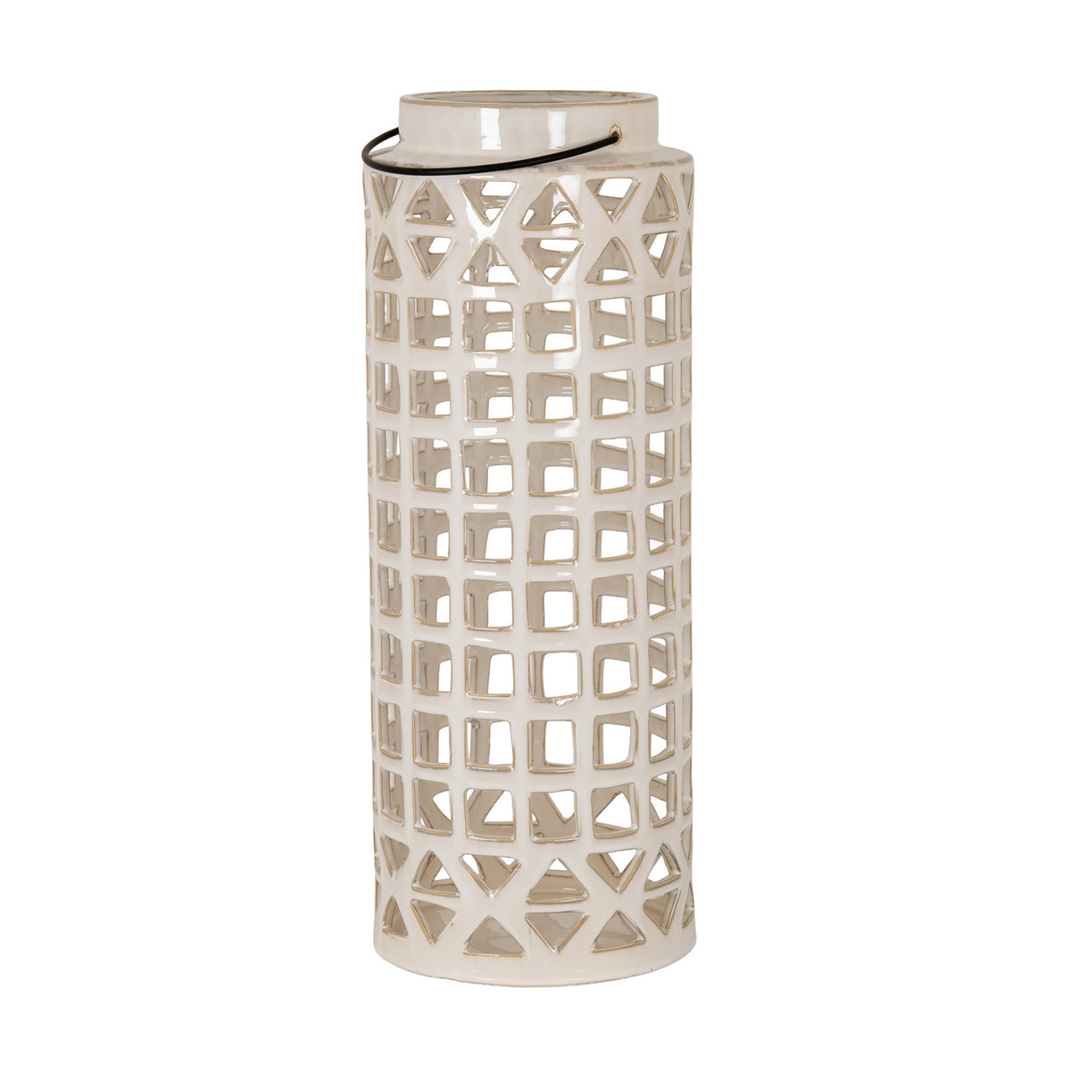 Tall glossy cream lantern with rows of square cut-outs, triangular openings at the top and base, and a dark handle resting beneath its open neck; no candle is visible.