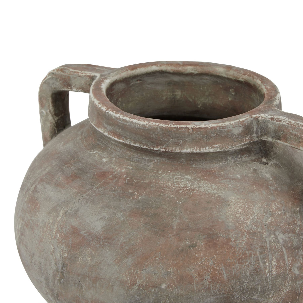 View from above showing the vase's open mouth, thick rolled rim and pale weathering over a terracotta-brown surface.
