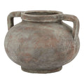 Low rounded vase with two squared loop handles, a thick rim and a small circular foot, shown against white.