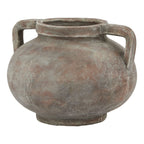 Low rounded vase with two squared loop handles, a thick rim and a small circular foot, shown against white.