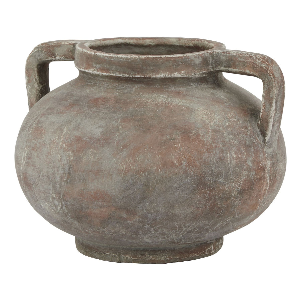 Low rounded vase with two squared loop handles, a thick rim and a small circular foot, shown against white.