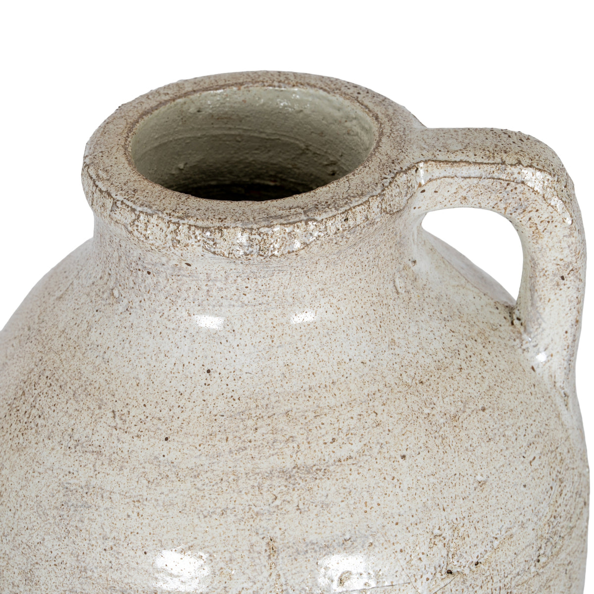 View down into the jug's open neck, showing the thick speckled rim and the upper curve of the squared handle.