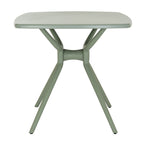 Side view of the French grey dining table, showing the curved central crosspiece between the splayed legs and the rounded edge of the tabletop.
