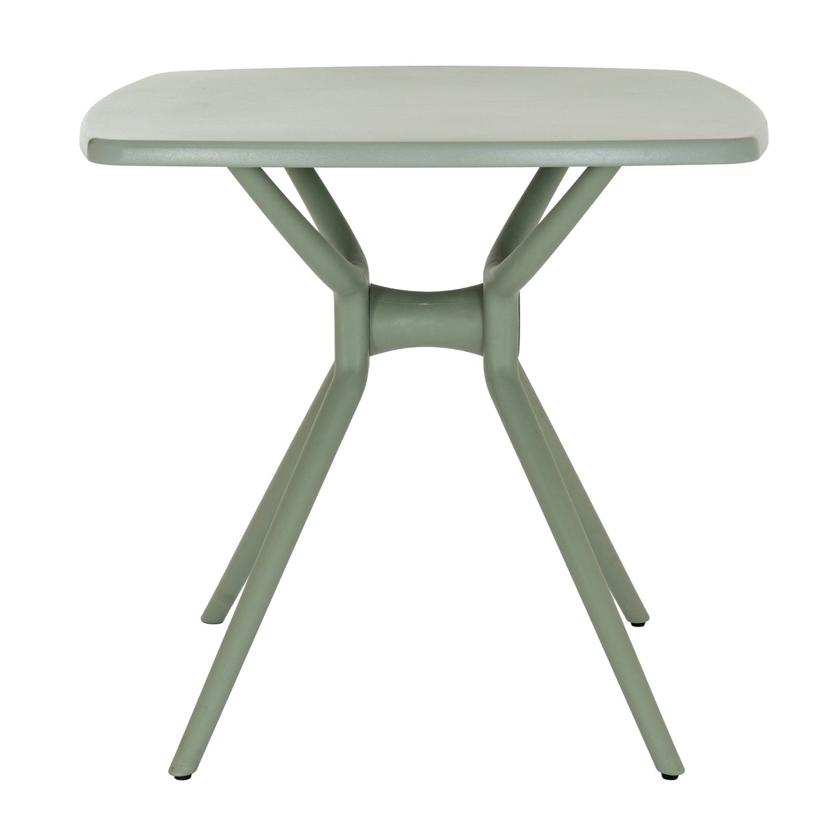 Side view of the French grey dining table, showing the curved central crosspiece between the splayed legs and the rounded edge of the tabletop.