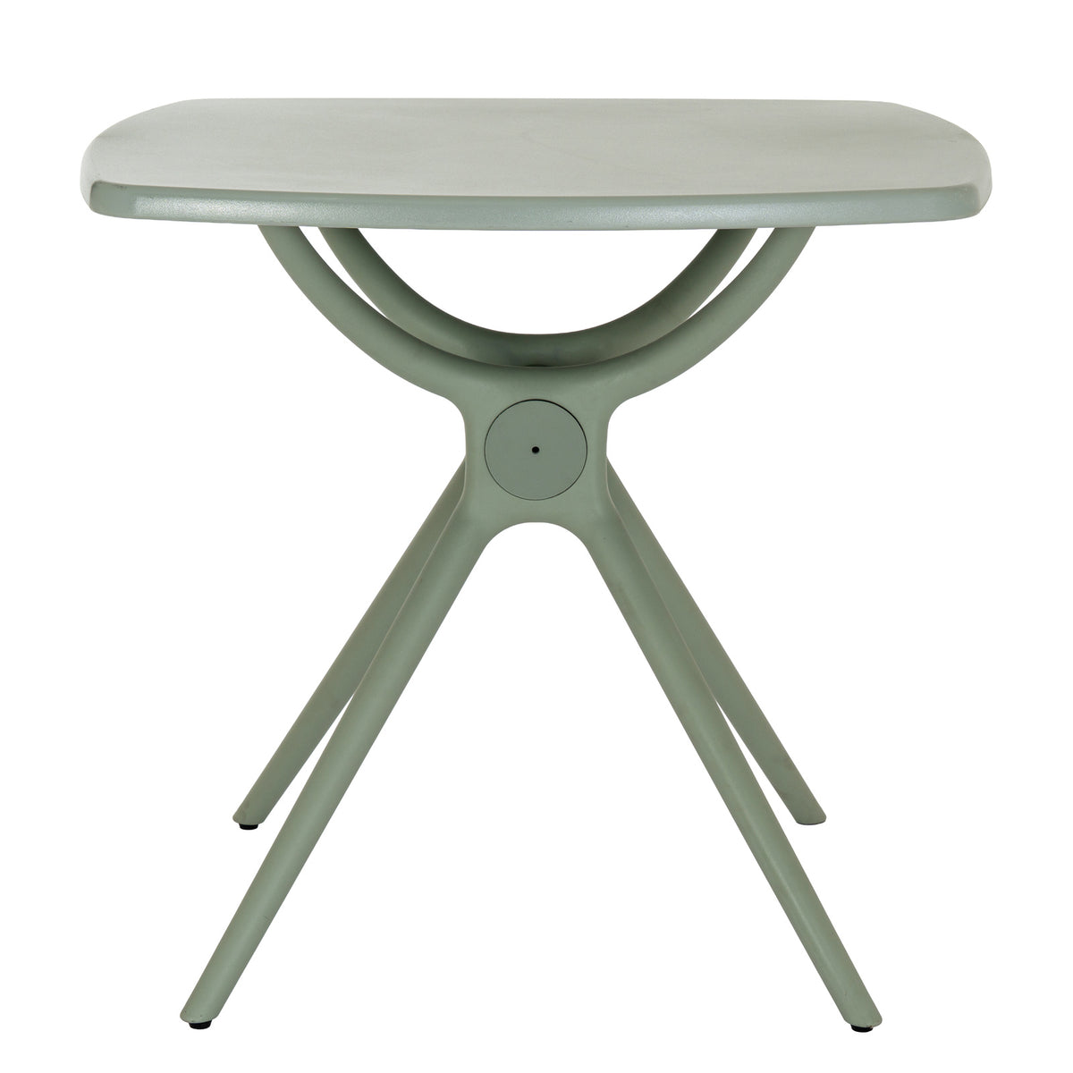 Straight-on view of the French grey dining table with sweeping supports beneath the top and a circular detail at the centre of the base.