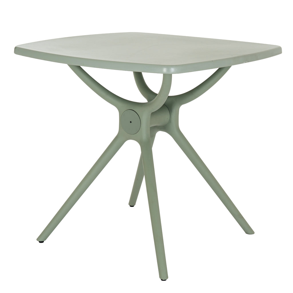 Angled view of the French grey square dining table, showing its rounded tabletop corners and branching curved supports above four splayed legs.
