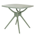 Angled view of the French grey square dining table, showing its rounded tabletop corners and branching curved supports above four splayed legs.