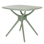 Angled view of the French grey square dining table, showing its rounded tabletop corners and branching curved supports above four splayed legs.