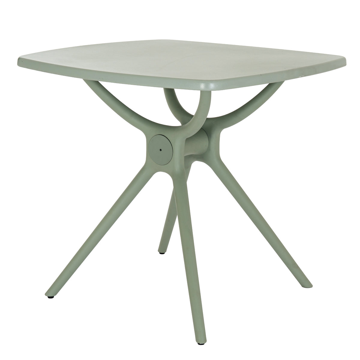 Angled view of the French grey square dining table, showing its rounded tabletop corners and branching curved supports above four splayed legs.
