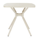 Side view of the putty-toned dining table, showing the horizontal central hub between curved supports and the legs angling outwards.