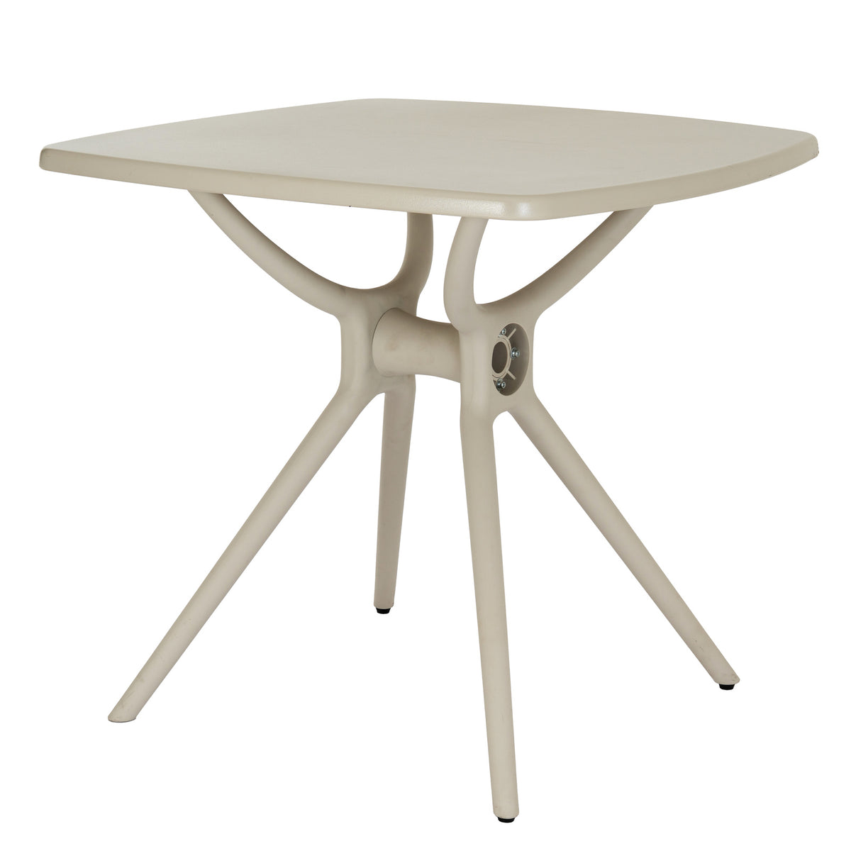 Three-quarter view of the putty-toned square dining table, showing the rounded tabletop corners and branching base with splayed legs.