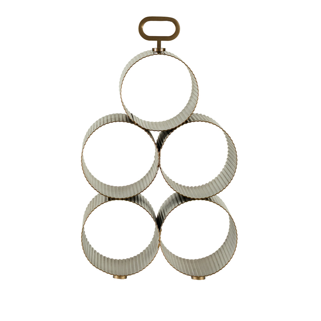 Straight-on view of the empty wine rack with five circular holders stacked beneath a loop handle.