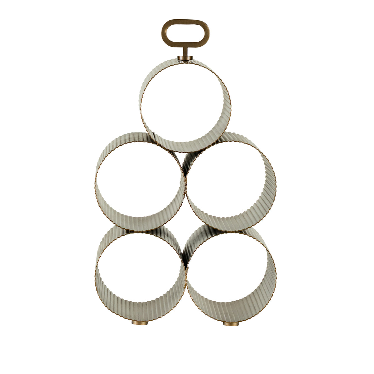 Straight-on view of the empty wine rack with five circular holders stacked beneath a loop handle.