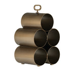 Angled view of the smoked-gold wine rack showing the depth of its five ribbed cylindrical holders.