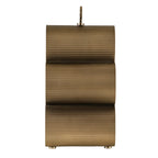 Side view of the wine rack showing three levels of curved ribbed metal and the handle edge above.