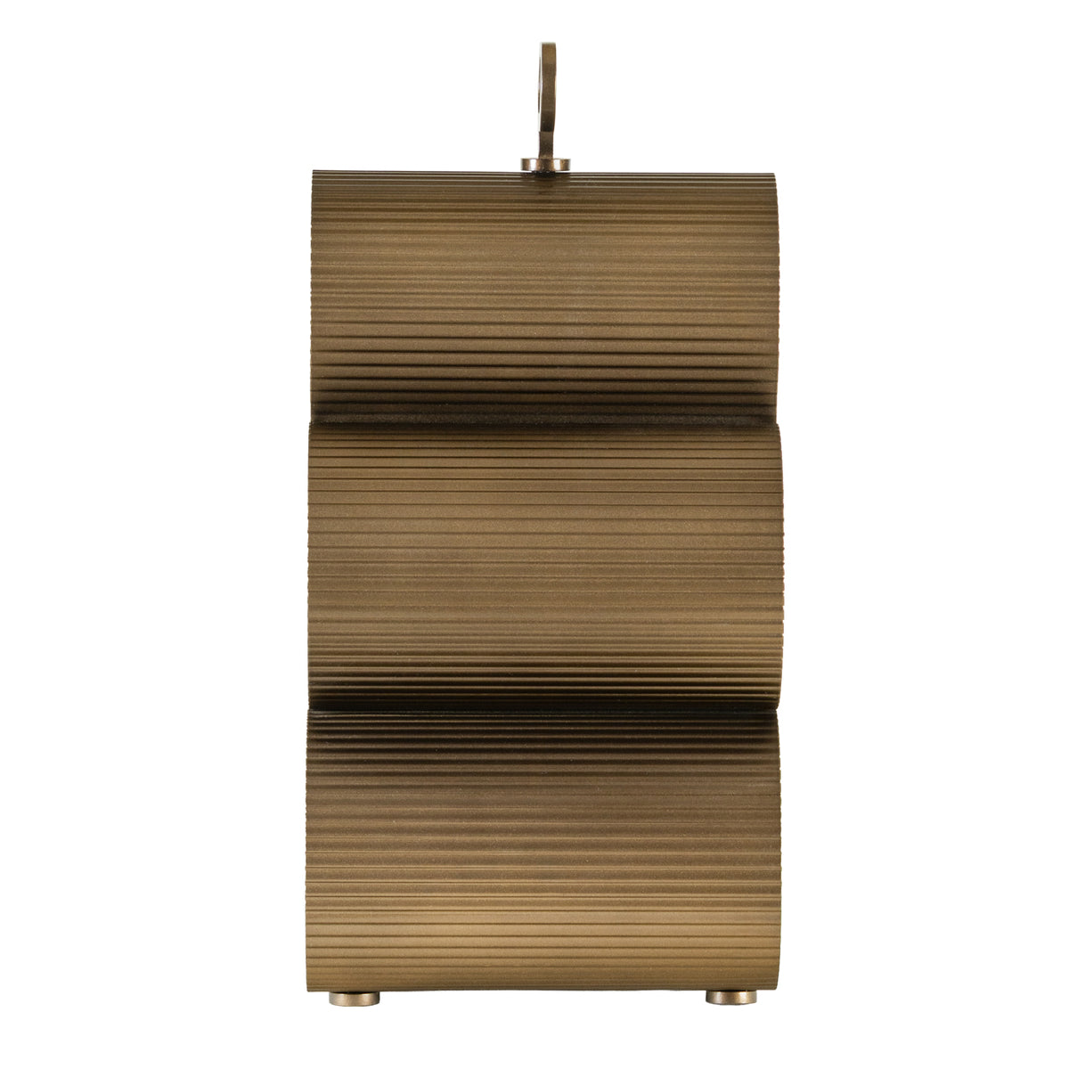 Side view of the wine rack showing three levels of curved ribbed metal and the handle edge above.