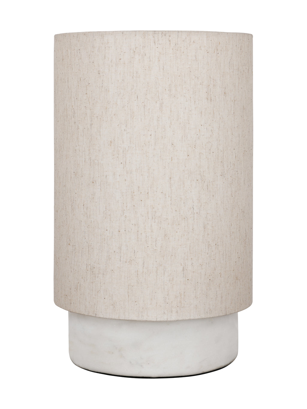 Unlit table lamp with a tall cream linen drum shade above a low cylindrical white marble base.