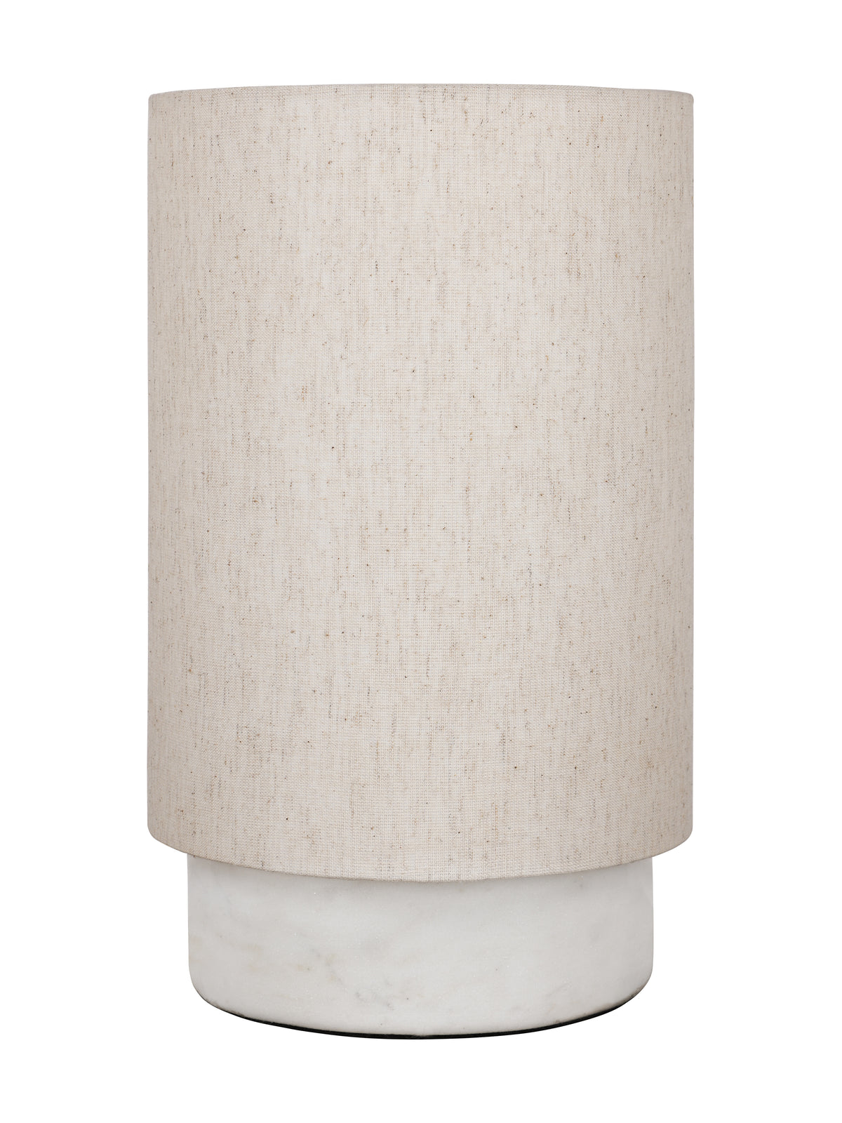 Unlit table lamp with a tall cream linen drum shade above a low cylindrical white marble base.