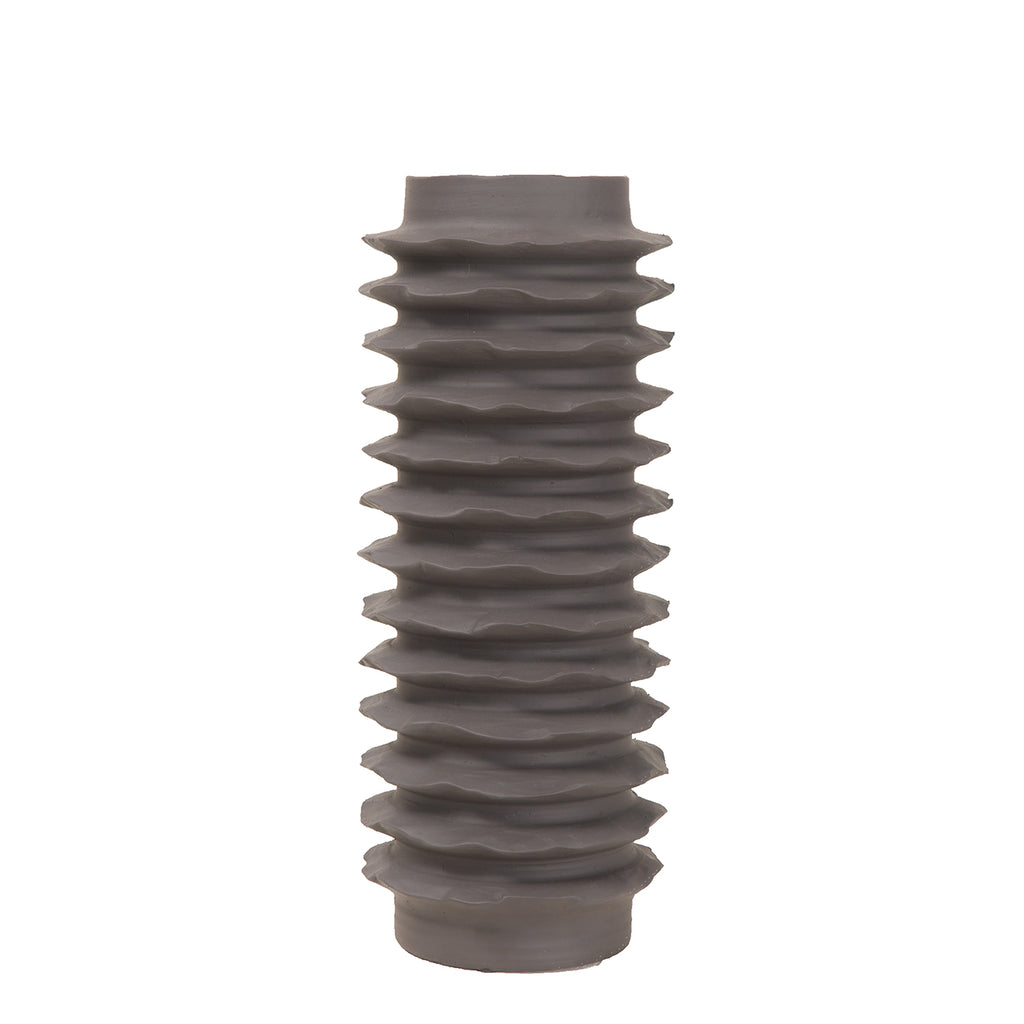 Full front view of a tall dark brown vase with stacked horizontal ribs and a short plain neck.