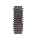 Full front view of a tall dark brown vase with stacked horizontal ribs and a short plain neck.