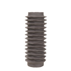 Full front view of a tall dark brown vase with stacked horizontal ribs and a short plain neck.