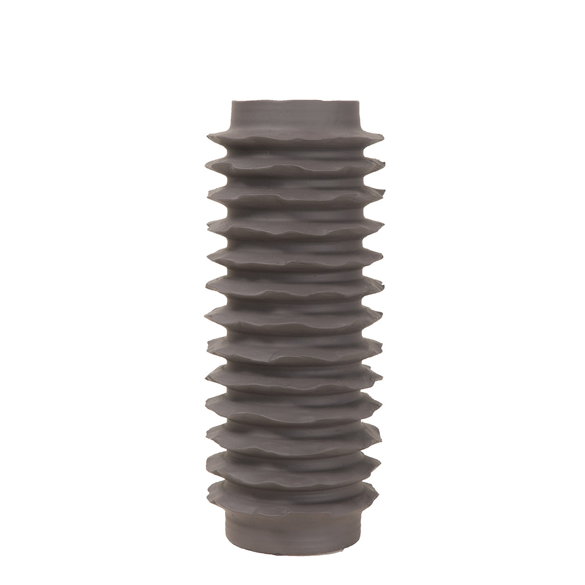 Full front view of a tall dark brown vase with stacked horizontal ribs and a short plain neck.