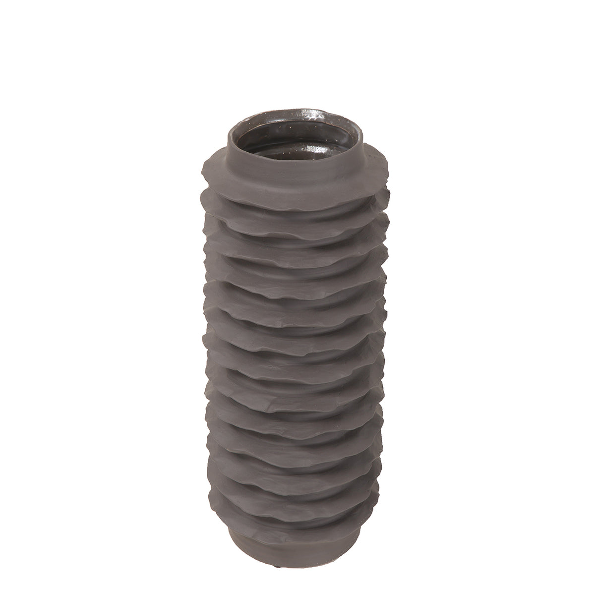 Angled view of the ribbed dark brown vase showing its circular opening and glossy interior.