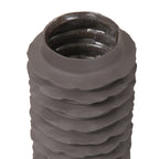 View into the vase opening, with a reflective dark interior above the matte ribbed exterior.