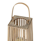 Close-up from above showing the lantern's arched handle, square top with a circular opening and upper vertical slats.