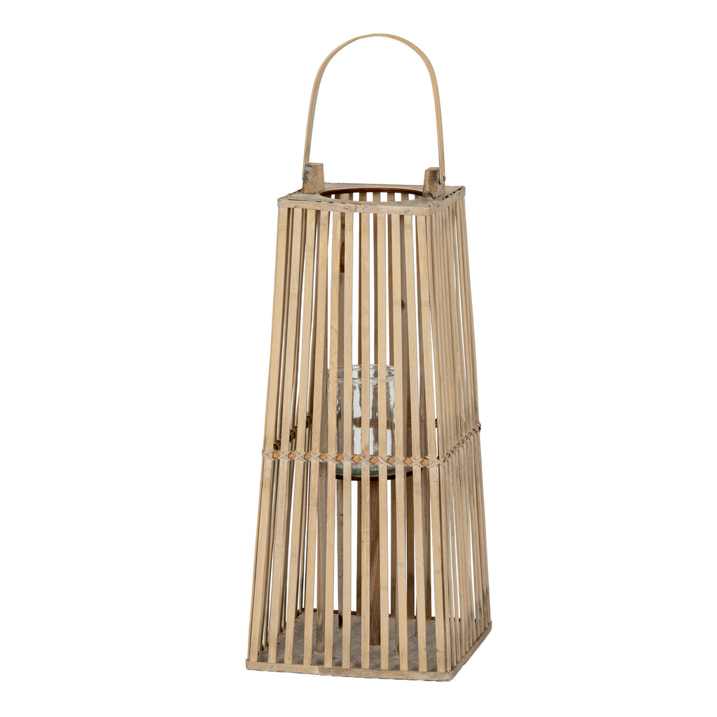 Full view of the tapered slat lantern with an arched handle, square base and central cylindrical holder visible through the open sides.