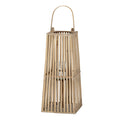 Full view of the tapered slat lantern with an arched handle, square base and central cylindrical holder visible through the open sides.