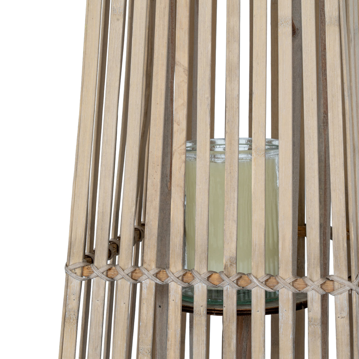 Detail of the transparent cylindrical holder behind the lantern's vertical slats and crossing band around the middle.