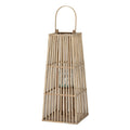 Full view of the tapered grey-brown lantern with three open-slat sections, a square base, arched handle and central cylindrical holder.