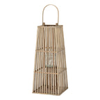 Full view of the tapered grey-brown lantern with three open-slat sections, a square base, arched handle and central cylindrical holder.