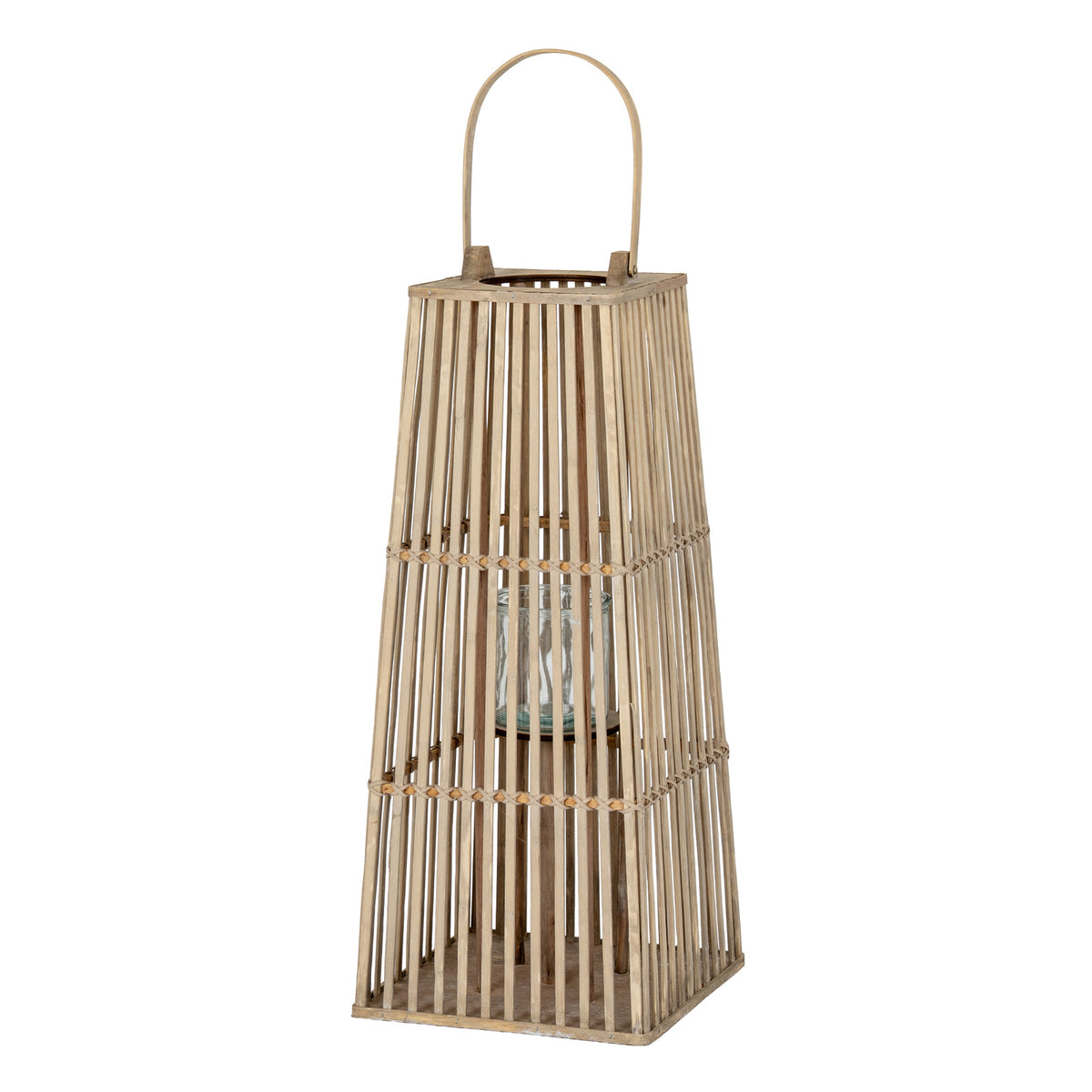Full view of the tapered grey-brown lantern with three open-slat sections, a square base, arched handle and central cylindrical holder.
