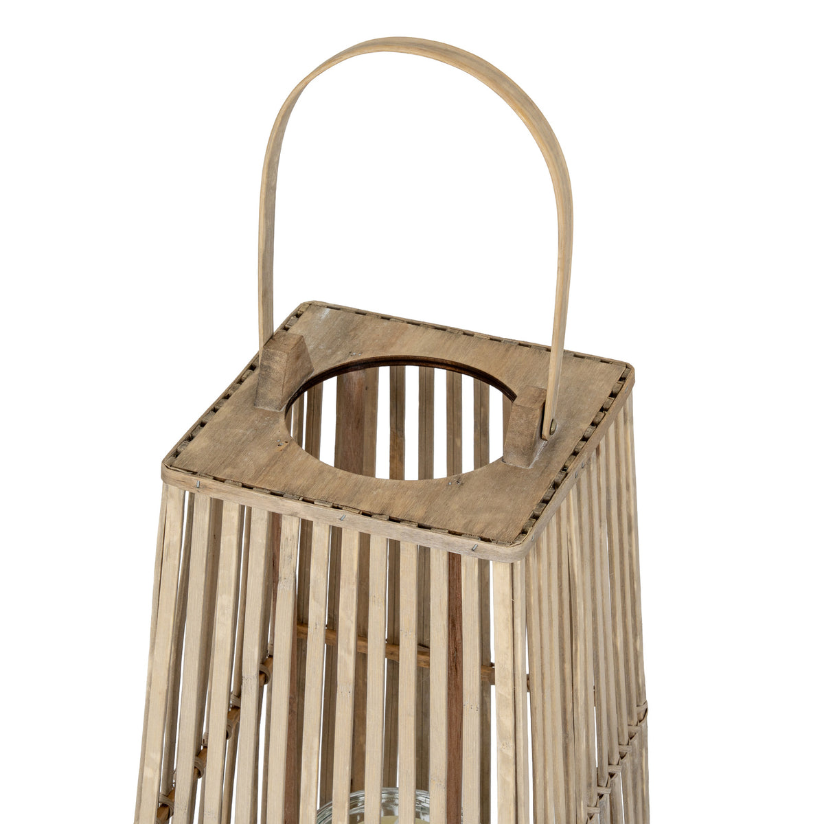 Angled close-up of the lantern's arched handle and square top with a circular opening above the vertical slats.